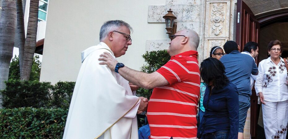 greeting parishioners